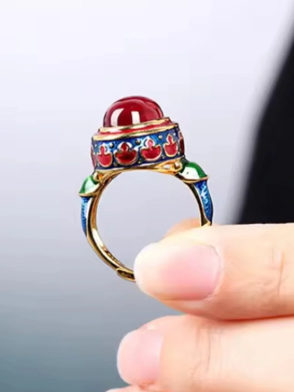 Vintage adjustable Gold-Tone Red Cabochon Multicolor Enamel Statement Ring
